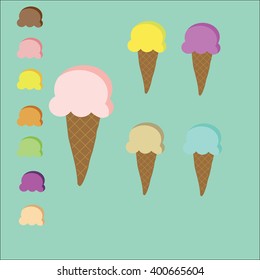 Ice cream cone set on pastel color background with many color of flavour to choose 