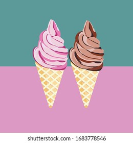 ice cream cone set with pastel background. Tasty colorful ice cream for summer decorative, strawberry, cherry, chocolate, sweets, dessert, web design or print. Vector Illustration.