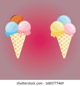 ice cream cone set with pink background. Tasty colorful ice cream for summer decorative, mint, strawberry, vanilla, chocolate, sweets, dessert, web design or print. Vector Illustration.