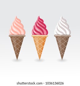 Ice Cream Cone set. Soft Ice Cream on waffle cones isolated on white background. Vector illustration