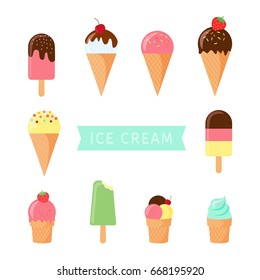 Ice cream cone set. Vanilla, chocolate, fruit ice cream. Vector ice cream illustrations and white background. Ice cream dessert illustration, sweet dessert and white background.