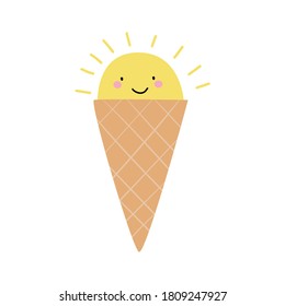 Ice cream cone in the shape of the sun. Cute cartoon ice cream. Vector flat illustration.