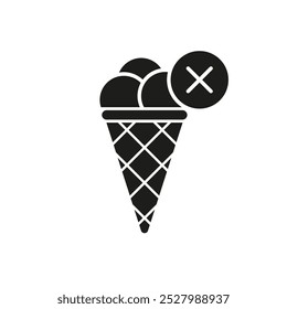 Ícone de Silhueta de cone de Ice Cream com marca de cruz, proibido ou nenhum Ice Cream. Restrição em sobremesa congelada. Ilustração de vetor isolada.