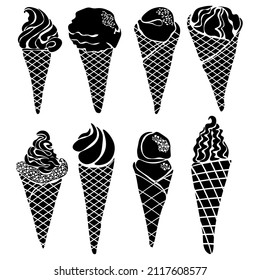 Ice cream cone silhouettes set, various cold desserts with and without toppings vector illustration