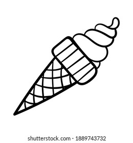 Ice cream cone. Simple decorative element design. Food, sweets, yummy food. Simple outline illustration isolated on white background. Black white vector