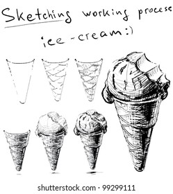 Ice cream in cone. Sketching working process. Hand drawing sketch vector illustration