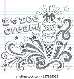 Ice Cream Cone Sketchy Back to School Vector Illustration Sketchy Notebook Doodles on Lined Sketchbook Paper