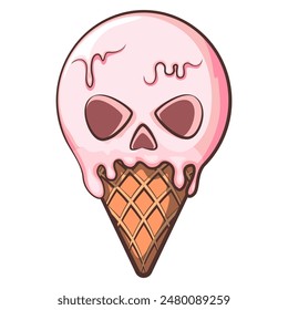 ice cream cone skull shape vector illustration in vintage cartoon style, work of hand drawn