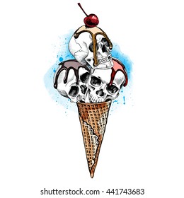 Ice Cream cone with a Skulls and cherry on blue background. Vector illustration.