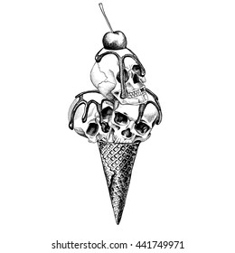 Ice Cream cone with a Skulls and a cherry. Vector illustration.