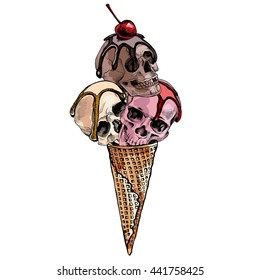Ice Cream cone and Skulls   cherry  Vector illustration 