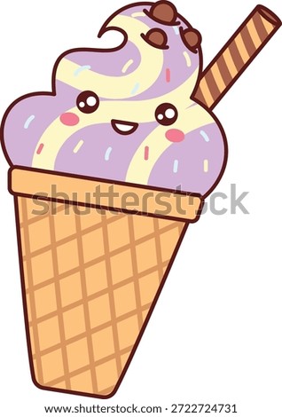 Ice cream cone with smiling face, waffle texture, swirl scoop, candy sprinkle, wafer stick. Symbol of sweetness, summer treat, joy, dessert craving, kid snack. Cartoon vector illustration.