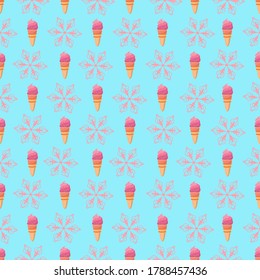 Ice cream cone and snowflakes seamless pattern. Christmas background with snow and a delicious treat.