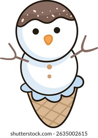 an ice cream cone with a snowman in it