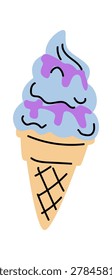 Ice cream cone with soft serve swirls and melting syrup, outlined with bold lines. Symbol of summer treat, indulgence, sweetness, and dessert craving. Cartoon vector illustration.