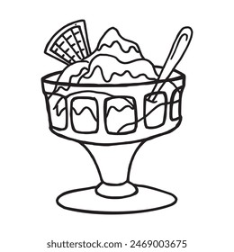 Ice cream with cone and a spoon in a glass cup hand drawn outline illustration. Sweet and tasty refreshing cold food pen drawing. Delicious sugar delicatessen flat cartoonish drawing sign in a mug.
