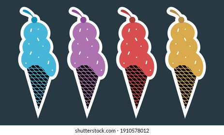 Ice cream cone with sprinkles in blue, yellow, pink, and red colors illustration.