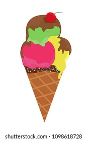 ice cream cone with sprinkles and cherry, vector illustration isolated on  white background