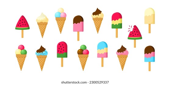 Ice cream cone and stick, cartoon summer sundae vector icon. Soft dessert different flavor. Sweet food collection isolated on white background. Candy illustration