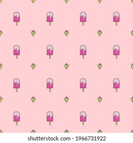 Ice cream cone and stick on pink seemless background