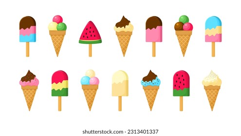 Ice cream cone and stick, summer sundae, cartoon waffle vector icon. Soft dessert different flavor. Sweet food set isolated on white background. Candy illustration