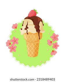 Ice cream cone with strawberries and flowers. Isolated vector illustration