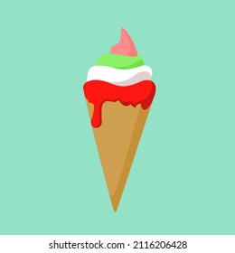 ice cream cone with strawberry melon and vanilla flavor