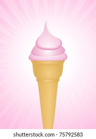 Ice cream cone with strawberry ice cream on a pink background