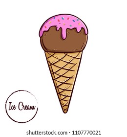 ice cream cone with strawberry topping using colored doodle or hand drawn style
