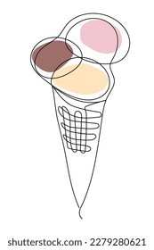 Ice cream in a cone in the style of one line. Three scoops of ice cream. Design for cafe restaurants, posters, flyers, menus.