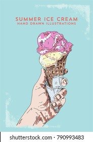 Ice Cream Cone Summer Colours Hand Drawn Illustration