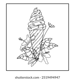 Ice Cream Cone Summer icon Thin Line Style with flowers.