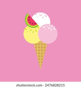 Ice cream cone summer illustration for banners, cards, flyers, social media wallpapers, clothes, girl dress, t-shirts. Food illustration. Cute fruits, food, berry print. Set of ice cream, waffle cone