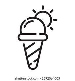 Ice Cream Cone with Sun Icon, Summer and Refreshing Dessert Symbol, Black and White Outline Illustration Isolated on White Background