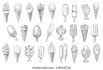 Ice cream cone, sundae dessert and stick vector sketches, hand drawn food. Ice cream waffle cones with vanilla and chocolate scoops, gelato, frozen sorbet and popsicle with strawberry flavor and nuts