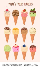 Ice cream cone. Sundae, gelato with different flavor collection. Sweet cold dessert illustration on white background. Various of ice cream flavor in crispy waffle cone isolated vector set
