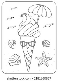 Ice cream cone, sunglasses, shells, starfish. Fun vector illustration. Coloring book.