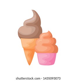 ice cream in cone with sweet cupcake