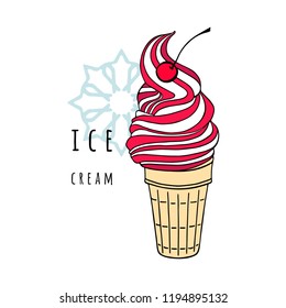 Ice cream cone. Sweet dessert with  cherry. Hand drawn linear drawing. Vector illustration.