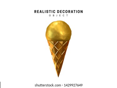 Ice cream cone. Sweet dessert. 3d realistic golden ice-cream. vector illustration