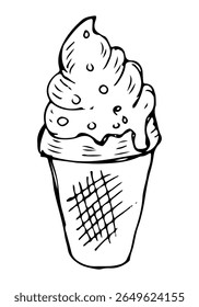 Ice cream cone, sweet ice cream and topping, vector cartoon hand drawn.