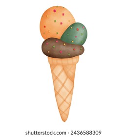 Ice cream Cone. Symbol of Freshness and Happiness.  Watercolor Ice cream Cone on White Background.  Vector illustration.