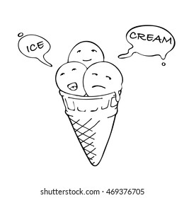 Ice cream cone three balls. Speech bubbles. Hand drawn vector stock illustration. Black and white whiteboard drawing.