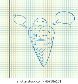 Ice cream cone with three balls. Speech bubbles. Hand drawn vector stock illustration. Sheet ball pen drawing.