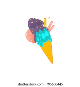 Ice cream cone with three colored scoops and waffle tubes, flat style vector illustration isolated on white background. Waffle cone with three scoopes of colorful ice cream