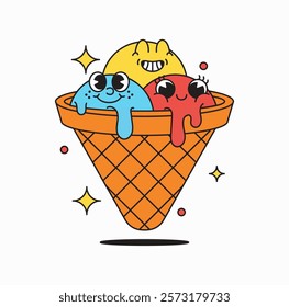 Ice cream cone with three colorful scoops, designed to evoke joy and sweetness whimsical hand-drawn cartoon