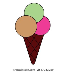 Ice cream cone with three colorful scoops