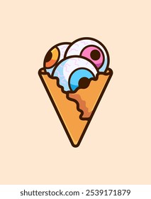 Ice Cream Cone with Three Eyeball in a Playful Deliciously Colorful Vector Style