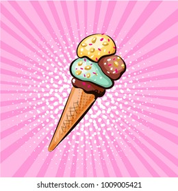 The ice cream cone with three flavors pop art retro style. Fast and street food.