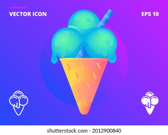 Ice cream cone with three fruit balls in a waffle cup. Big gradient vector detailed teaser and two flat line vector ice-cream icons. Summer trendy themed set.